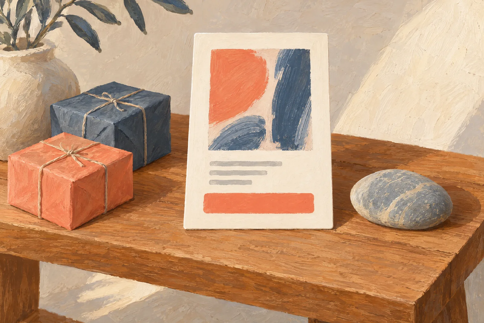 A pottery shed still life of a compare product arranged with a smooth river stone, in coral, sand, slate, and cream.