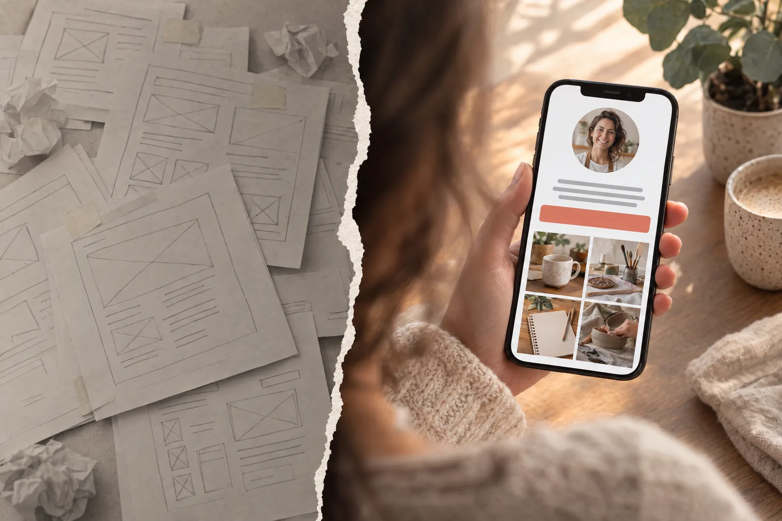 Unfinished pencil website sketches on one side; on the other, a hand holds a phone showing a social profile with one coral buy button.