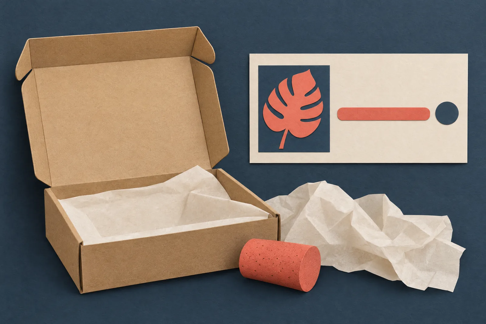 A ink studio still life of a delivery product arranged with a cork, in coral, sand, slate, and cream.