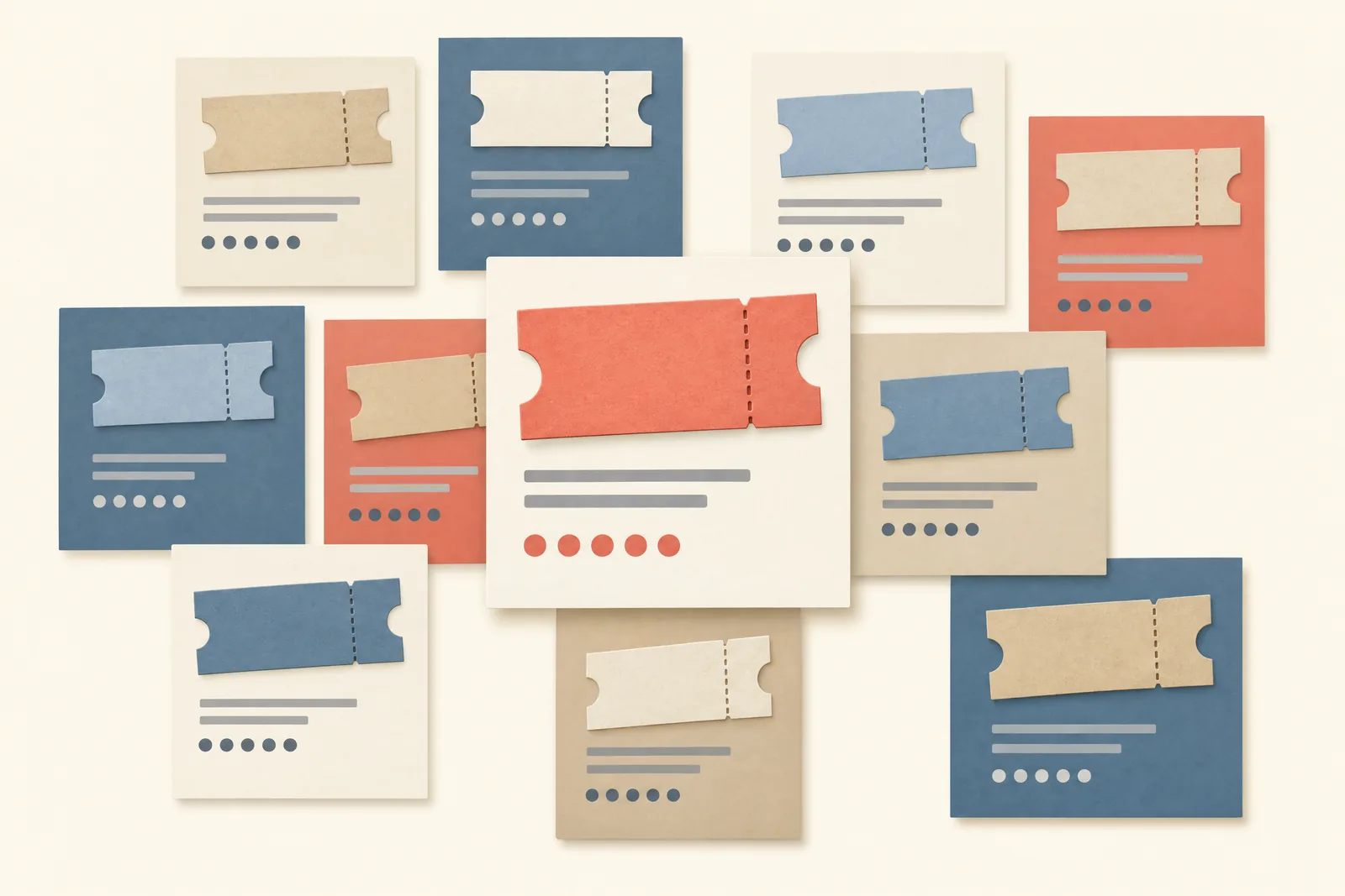 Overlapping marketplace listing panels, each showing a perforated promo voucher, with one larger coral listing in front.