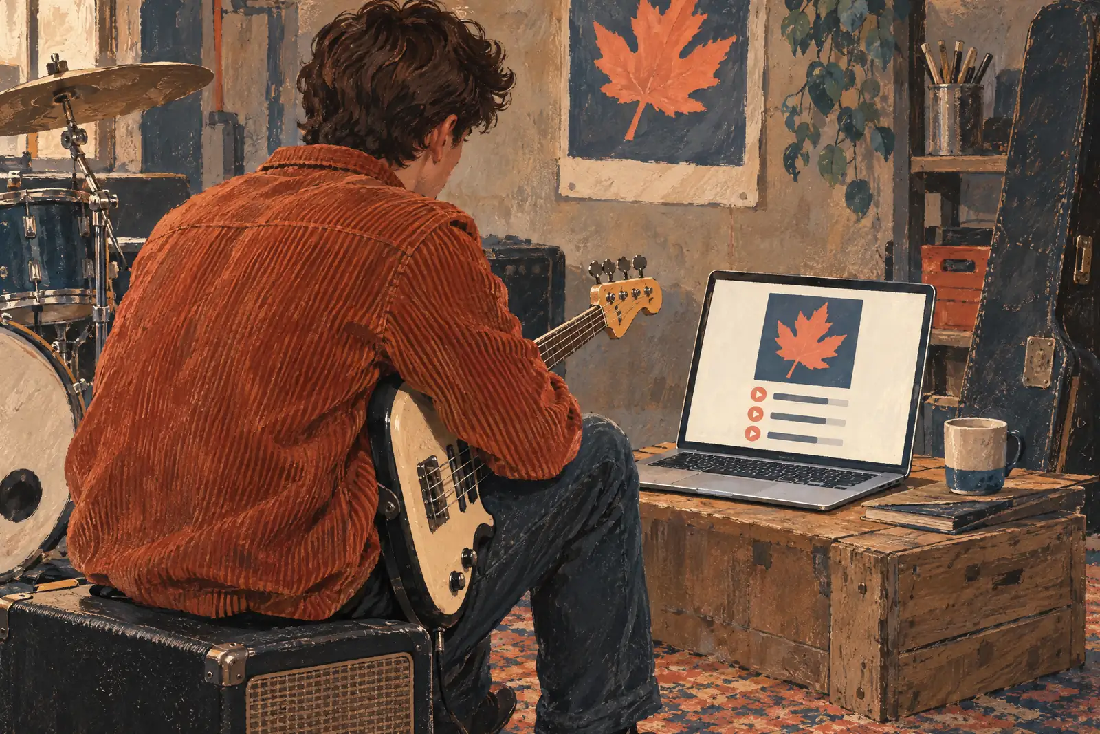 Gouache illustration of a young musician in a garage, seen from behind, with a laptop on a crate showing a music release page.