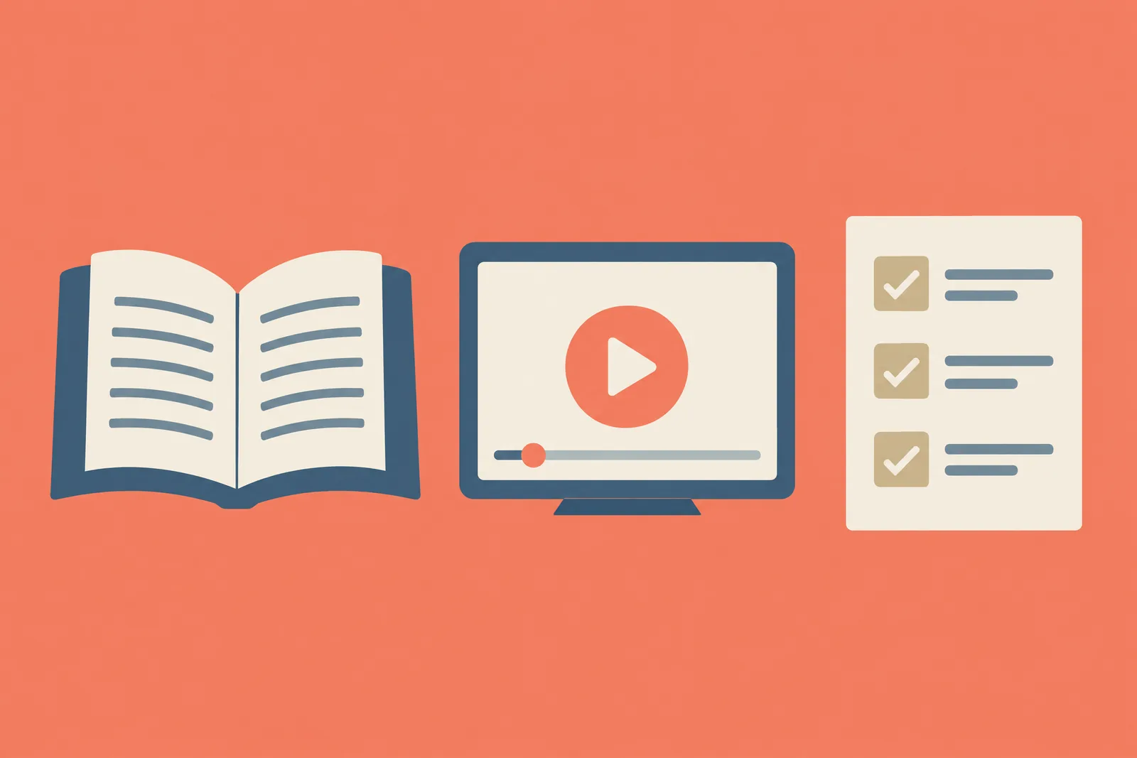 Flat vector on pale coral of an open book, a video frame with a play button, and a checklist card.