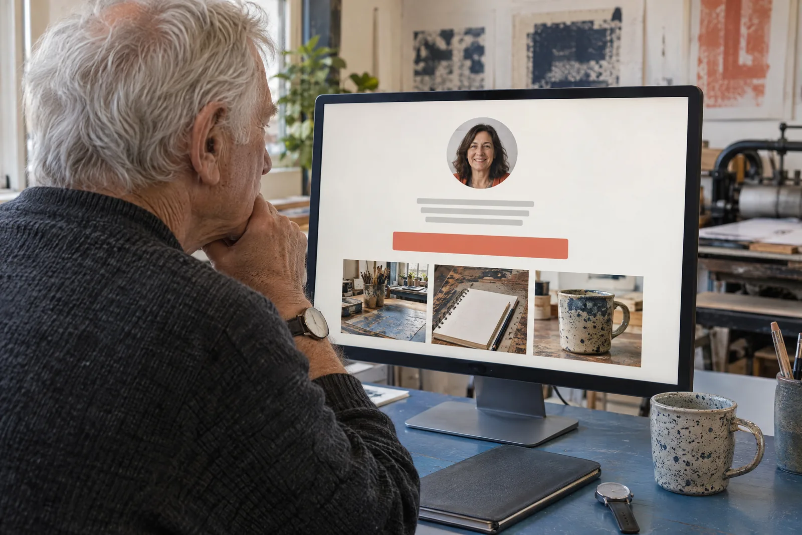 A man in his seventies with white hair in a charcoal sweater at a print studio looks at a screen showing a general product for sale, with a wristwatch with a blank face beside them.