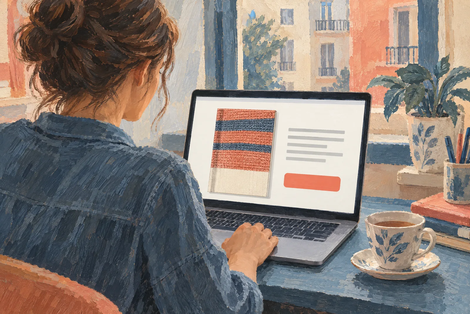 Gouache illustration of a seller at a blue desk, seen from behind, with one product and a coral button on the laptop.