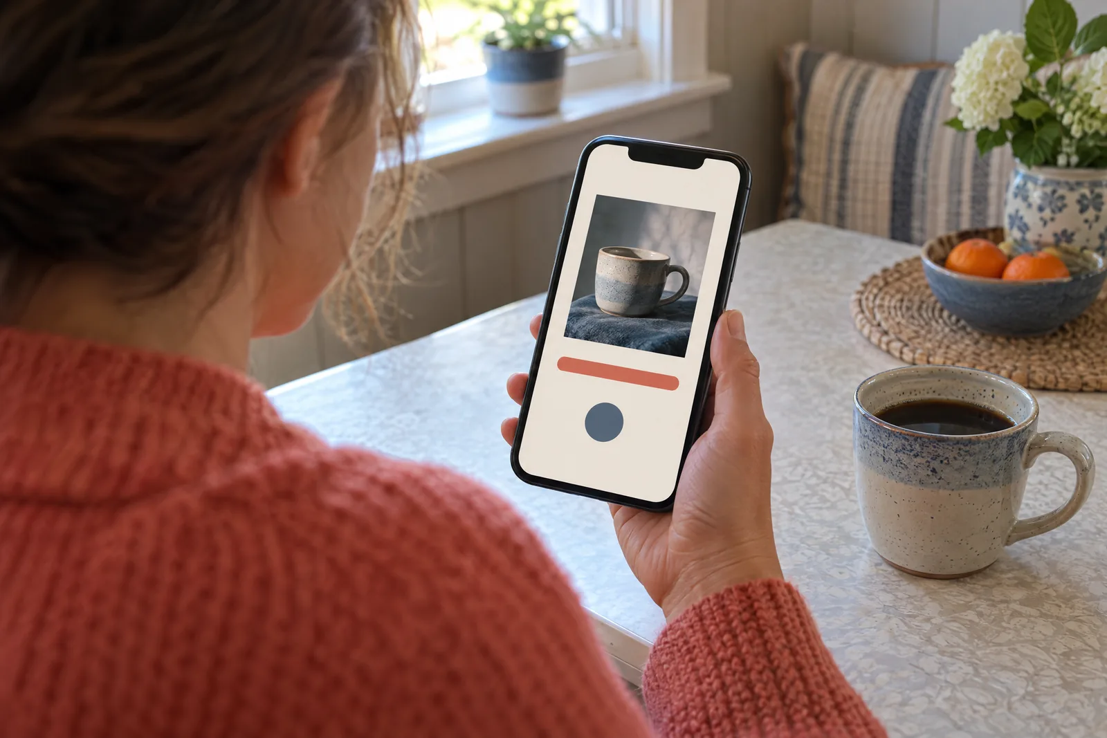 Over-the-shoulder view of a person in a coral knit holding a phone that shows a completed download.