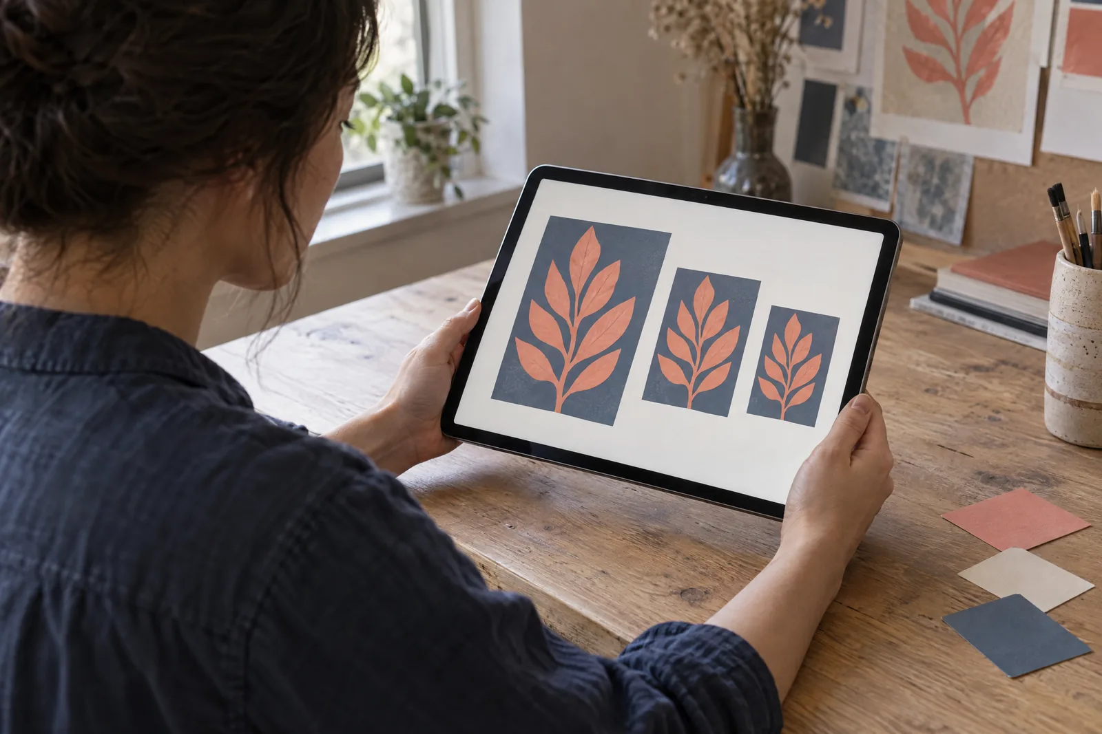 A designer beside a maple table holds a tablet showing three matching design cards and paper color chips.
