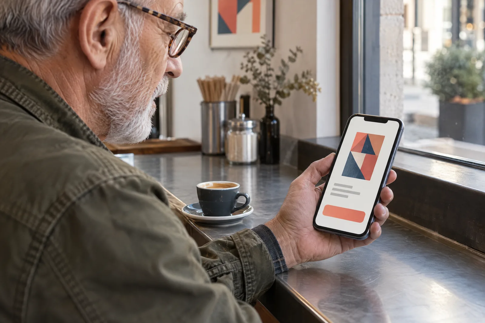 A white-bearded man in an olive jacket at a cafe counter holds a phone showing a single checkout card with one coral pay button.