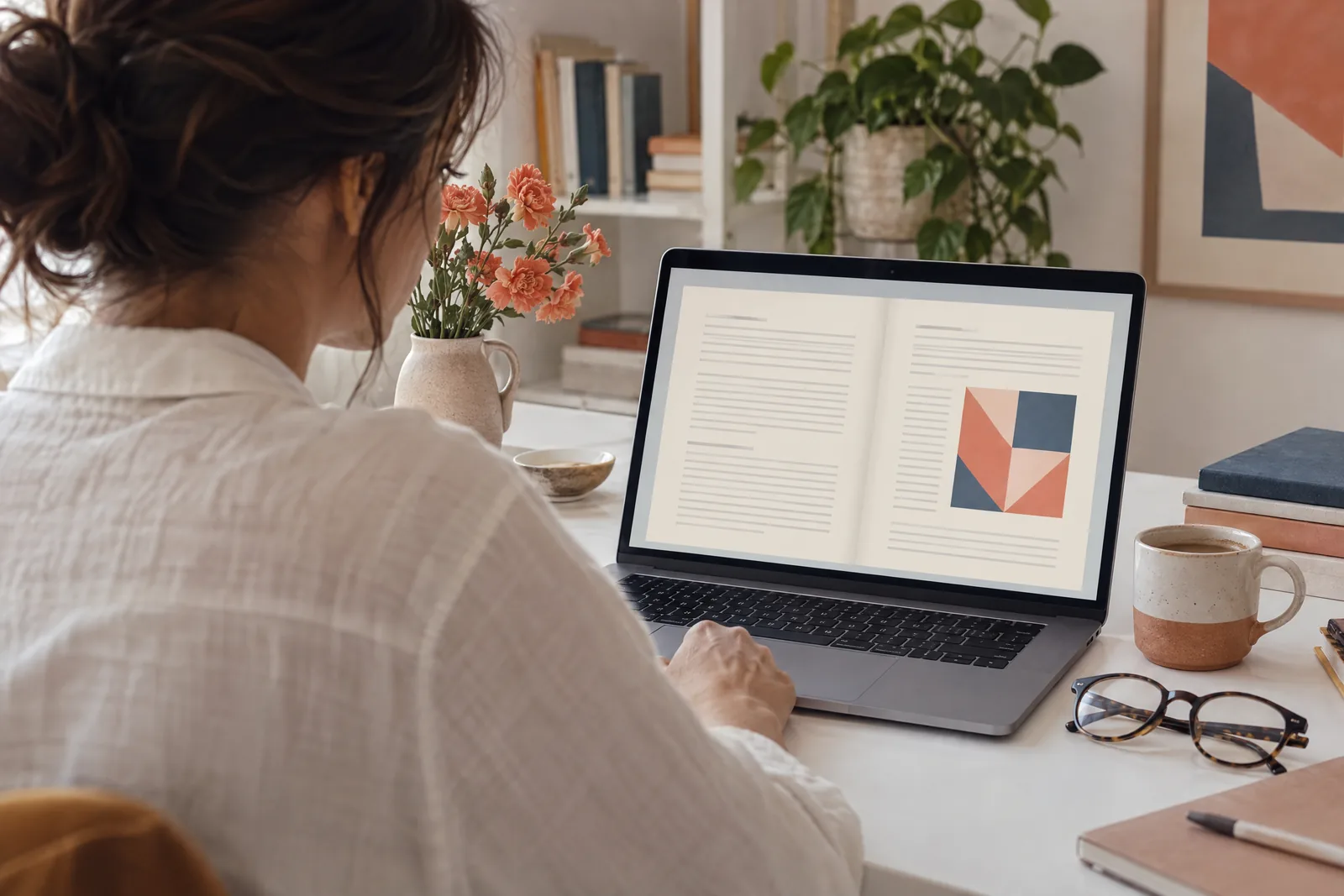Over-the-shoulder view of a person in a cream linen shirt reading an open workbook spread on a laptop.