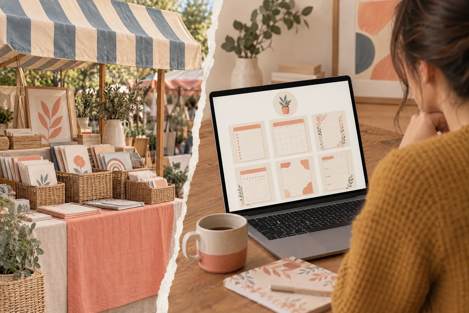 Collage of a craft market stall beside a woman in a mustard cardigan whose laptop shows a marketplace shop of planner pages.
