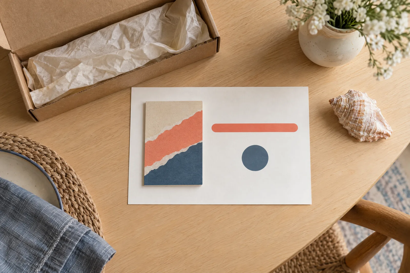 A dining alcove still life of a delivery product arranged with a seashell, in coral, sand, slate, and cream.