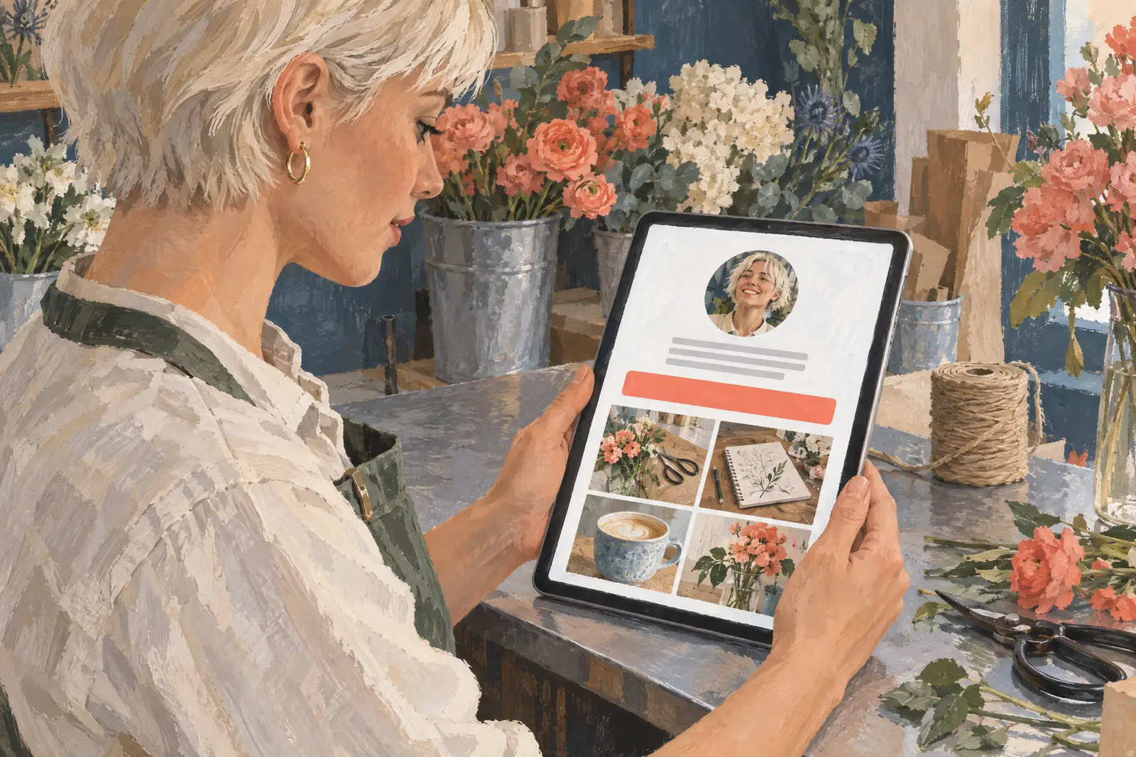 Gouache illustration of a florist in a green apron holding a tablet showing a social profile page with one coral buy button, selling without a website.