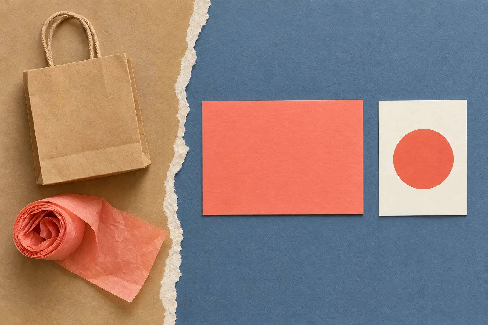 Torn-paper collage with a kraft shopping bag on one side and a single coral file card on the other.
