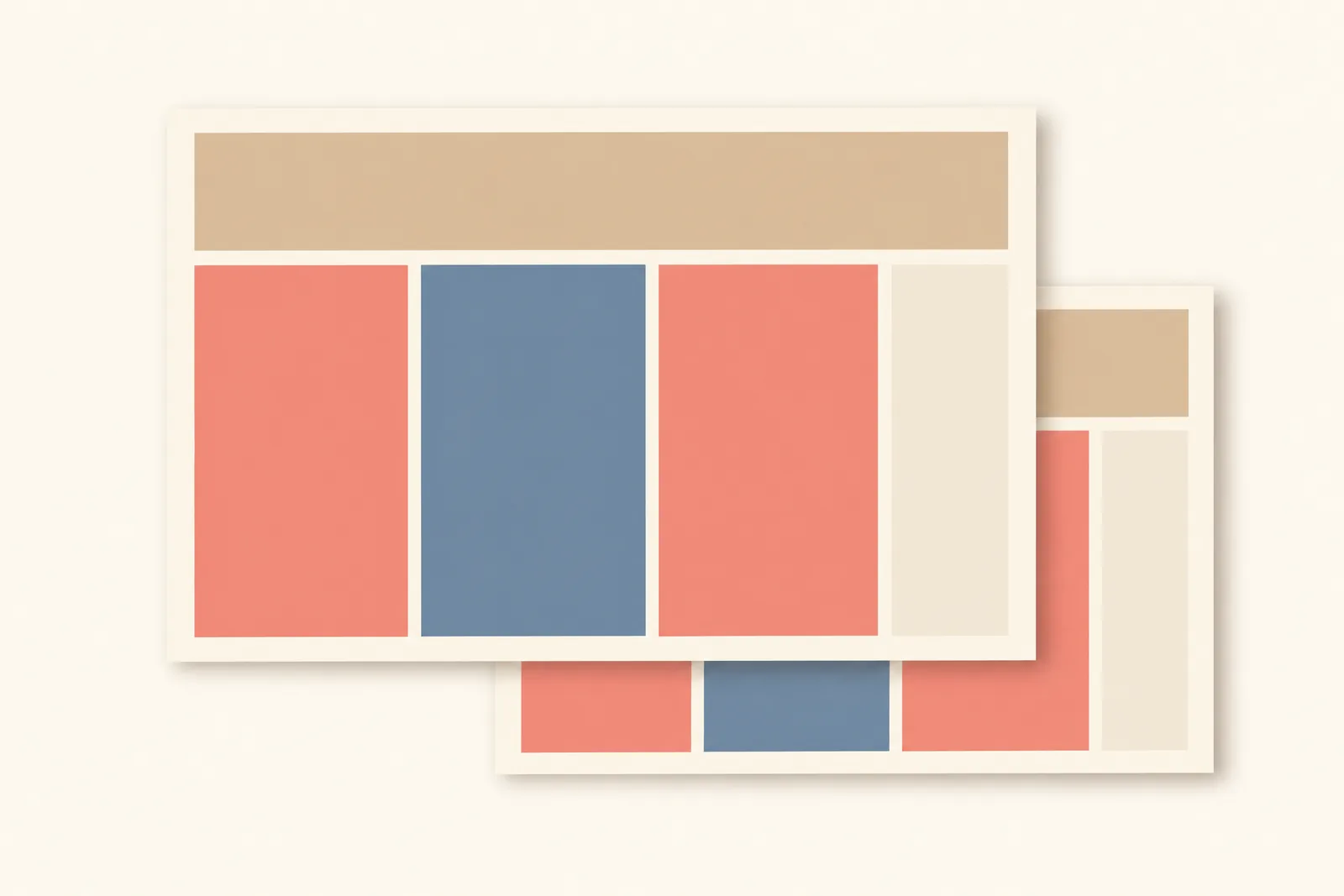 Flat collage of a planner made of coral and slate rectangles, with a smaller copy of the same layout behind it.