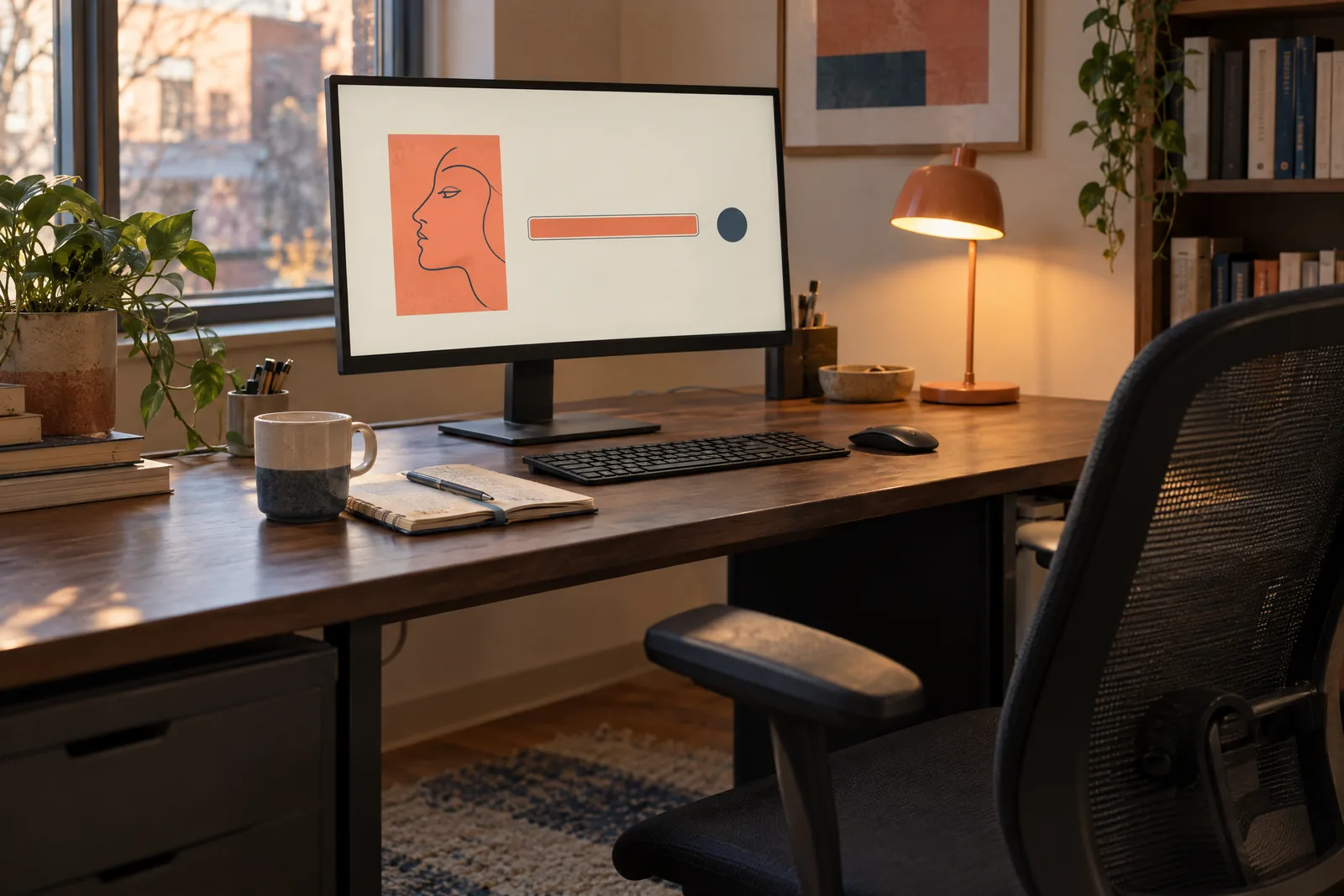 Empty rented office with a monitor on a stand showing a completed download, a worn notebook, and a mug.