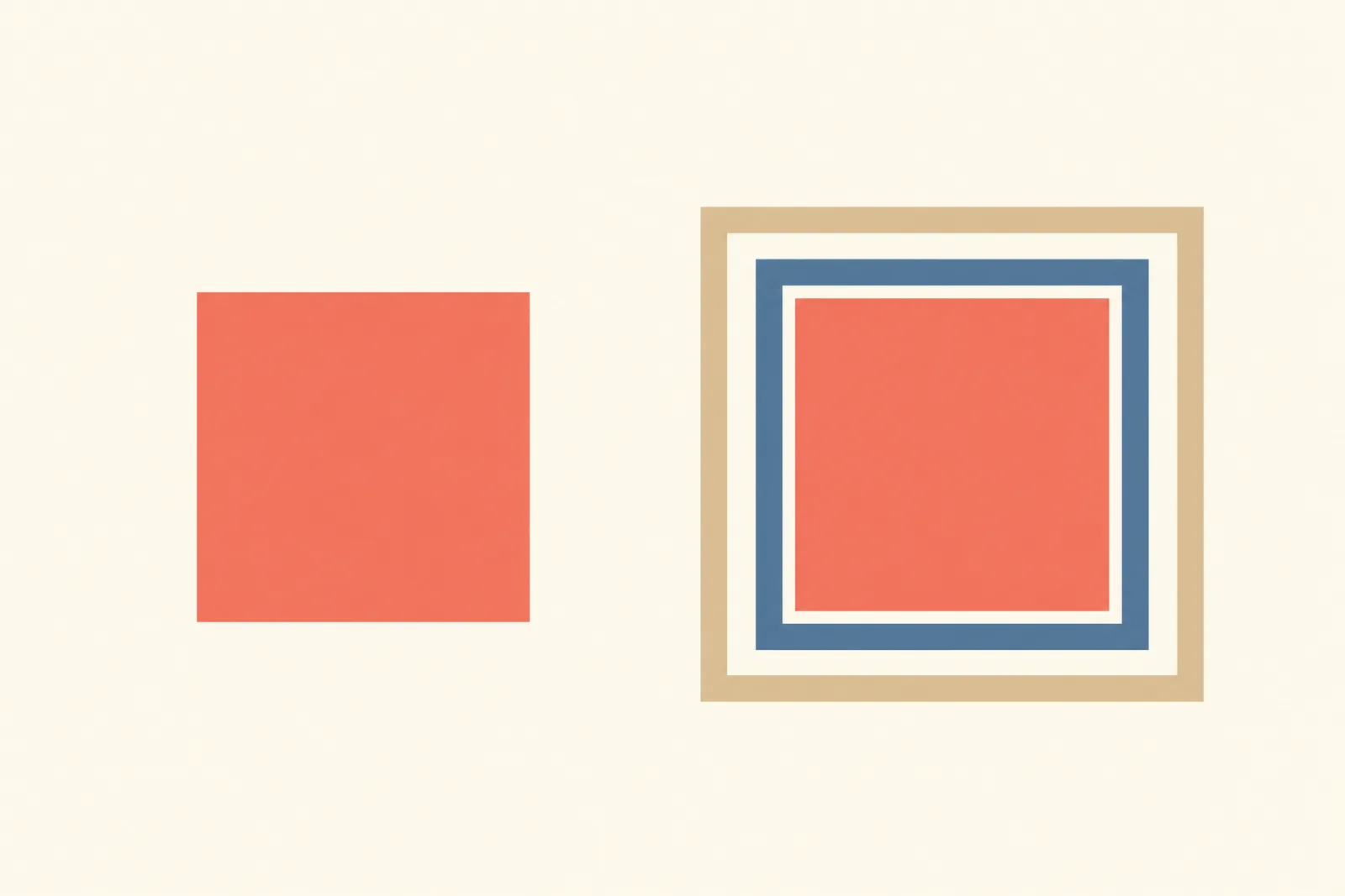 Flat vector of one coral block shown on its own and again wrapped in slate and sand layers, comparing two ways to sell one product.