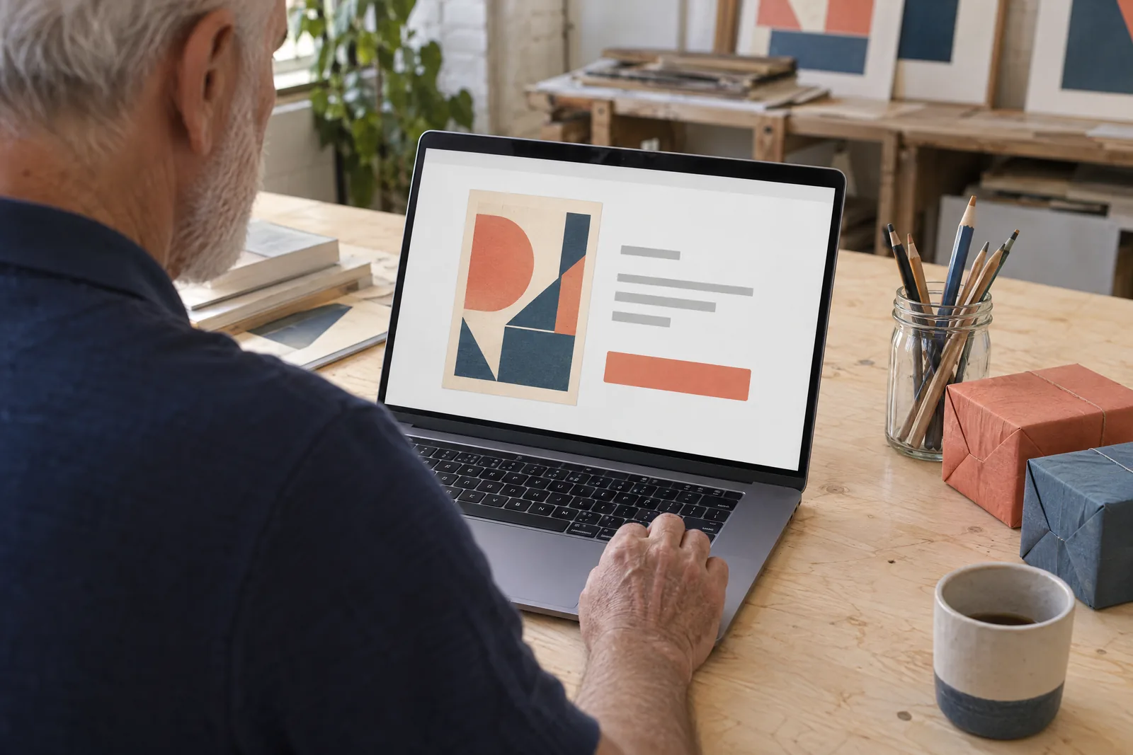 A man in his sixties with a close-cropped white beard in a navy knit polo at a print studio looks at a screen showing a compare product for sale, with a glass jar of pencils beside them.